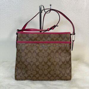 Coach Large File Shoulder Bag Signature PVC Canvas Khaki Dahlia Pink F58297